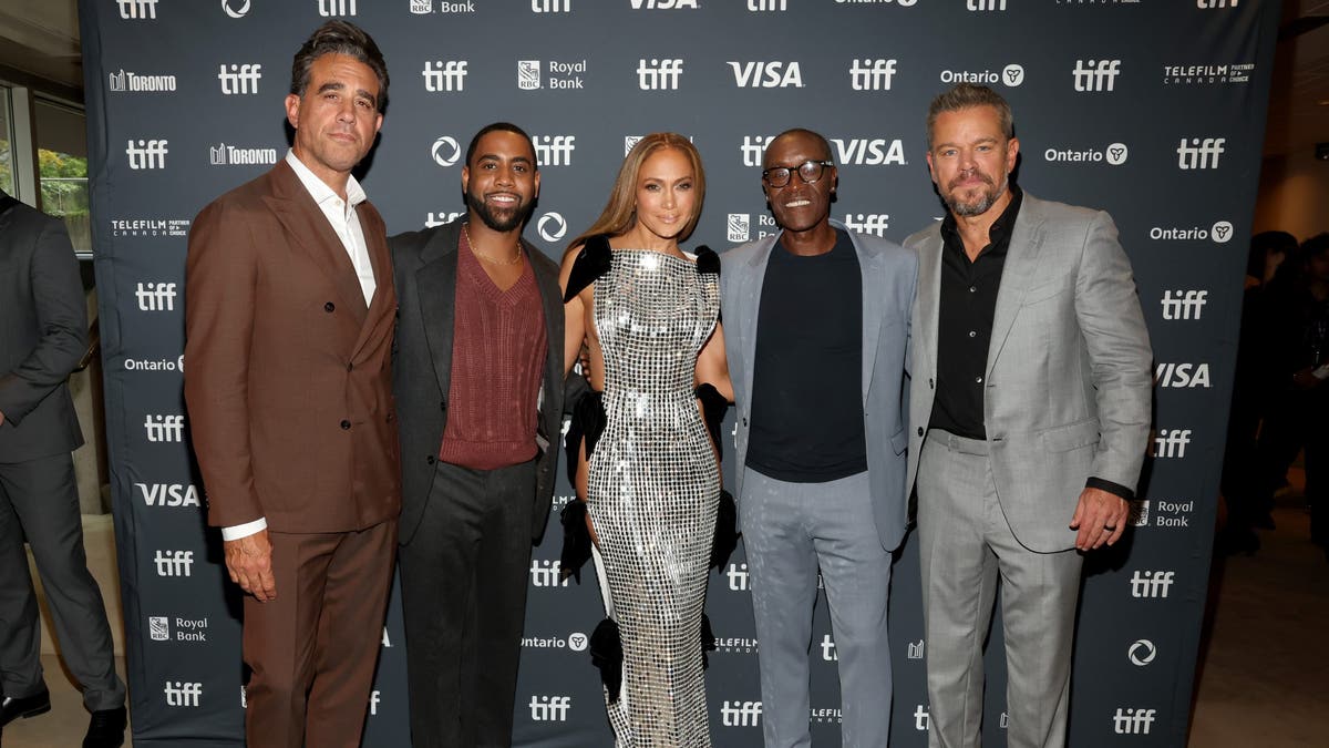 Bobby Cannavale, Jharrel Jerome, Jennifer Lopez, Don Cheadle, and Matt Damon attend the premiere of "Unstoppable" during the 2024 Toronto International Film Festival