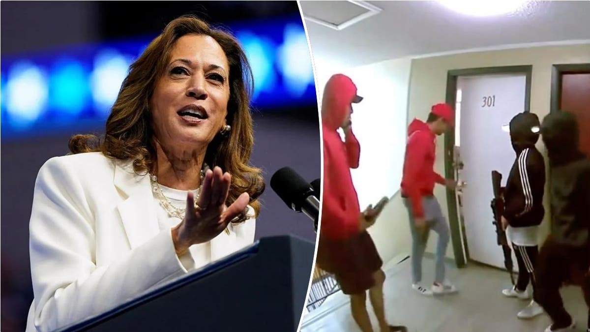 Kamala Harris, left; Venezuelan gang members, right