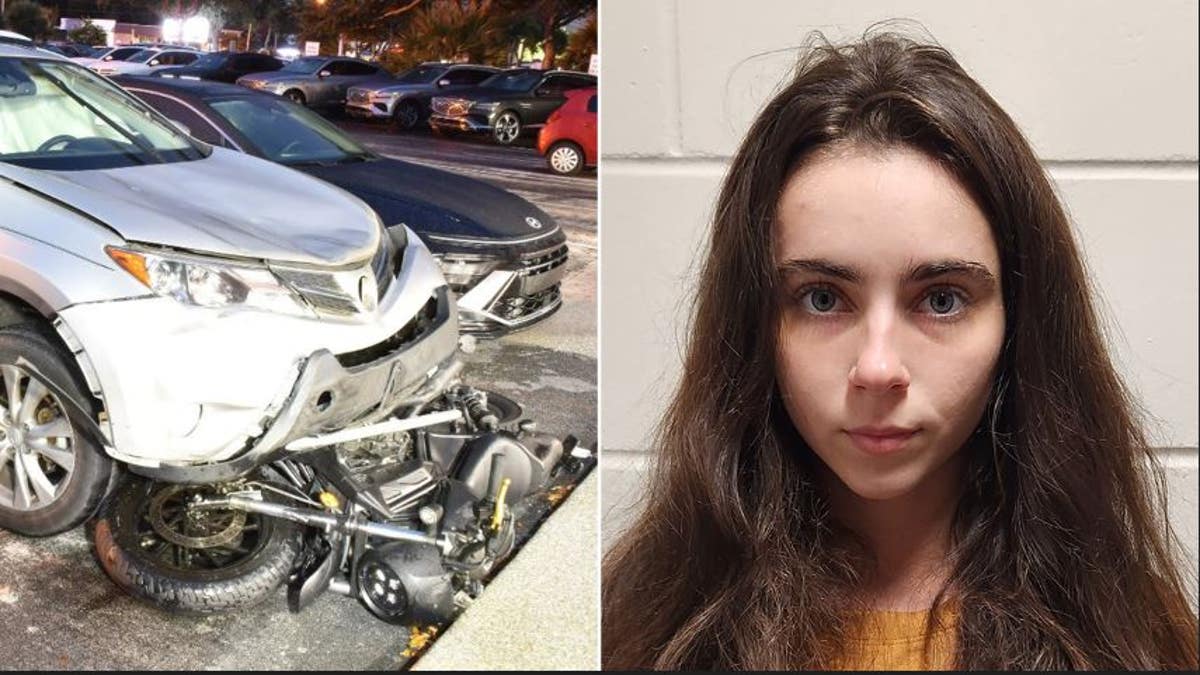 A split of the suspect and the motorcycle under her car