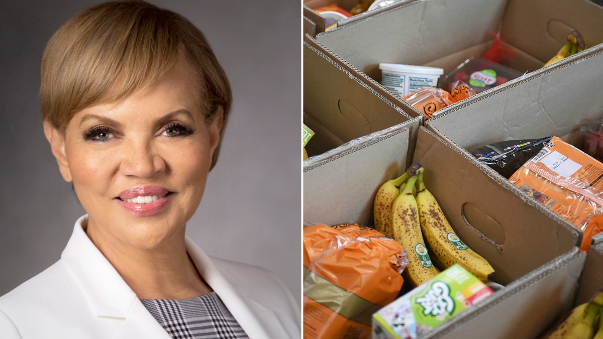 Split image of Claire Babineaux-Fontenot and a box of various food bank items, including bananas and bread.